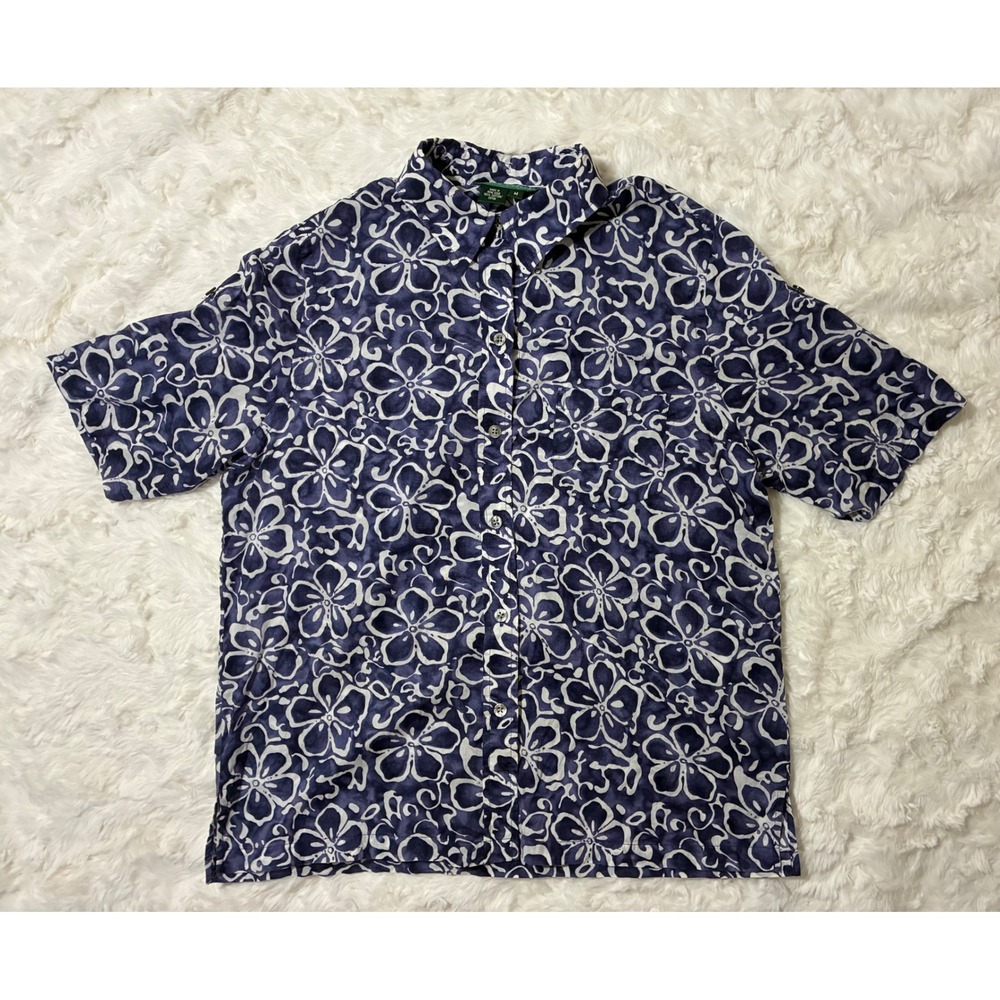 Lauren Ralph Lauren Blue White Floral Batik Cotton Short Sleeve Button Down M